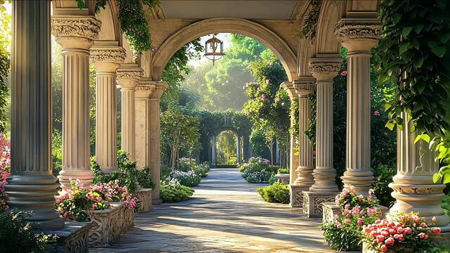 3d render illustration of fantasy ancient greek temple with stone statues and columns and arches