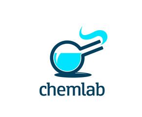 Science lab icon. Isolated vector emblem for scientific chemical laboratory with round-bottom flask containing a blue liquid and emitting a small wisp of vapor, and word chemlab in sans-serif typeface