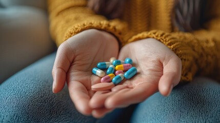 Hand holding colorful capsules in a cozy indoor setting