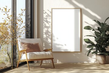 Poster Frame in Beige minimalist living room interior created with generative AI