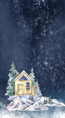Fototapeta premium Winter Christmas illustration vertical card yellow wooden roof cottage house illustration on dark night snowy background, countryside, outdoors mountains