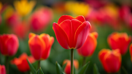 Red tulip in focus with blurred background of vibrant flowers