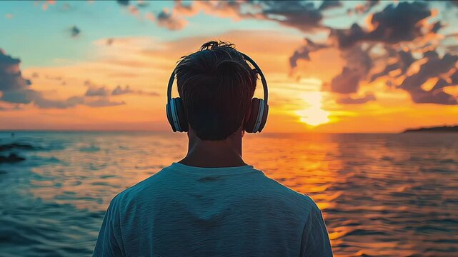 A good-looking man in prominent headphones enjoys music on the beach at sunset, facing away from the camera, creating a tranquil
