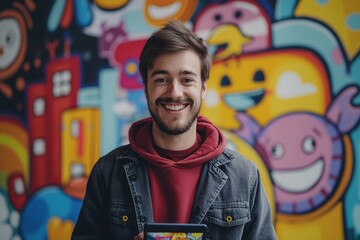 A cheerful individual poses with a digital tablet in front of a vibrant animated meme mural filled with playful characters.