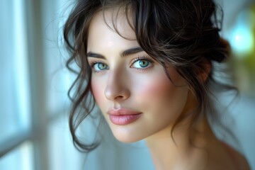 Fototapeta premium A young woman with green eyes and soft features gazes thoughtfully, her hair loosely styled, illuminated by gentle indoor lighting.