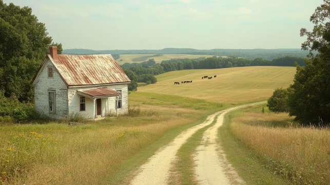 Charming countryside landscape, vintage farmhouse with peeling paint, sprawling farmland, dirt road leading to the horizon, grazing cattle, rustic and tranquil vibes