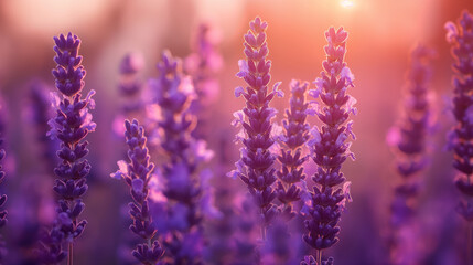 Lavender flowers blooming in a sunlit field at sunset