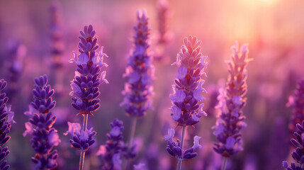 Lavender flowers blooming in a sunlit field at sunset