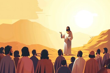 Fototapeta premium Painting of Jesus standing before group of people in desert.