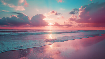 Fototapeta premium Dreamy beach sunset with vibrant colors reflecting on the water