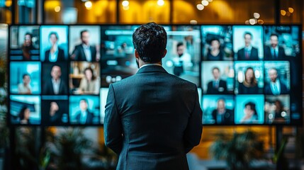Businessman attending an online meeting with multiple video screens