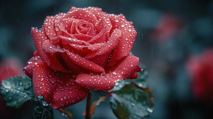A single, vibrant red rose with water droplets on its petals, surrounded by a blur of other roses and rain in the background.