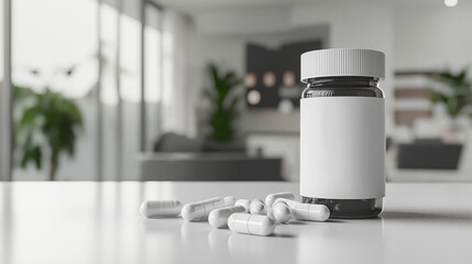 A mockup of a prescription, pill bottle with a blank label, and white pills on a white surface, set against a blurred home interior background, creating a domestic, healthcare them