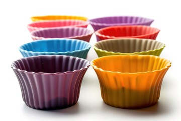 Bright silicone molds in various colors are neatly arranged, perfect for baking, crafting, and creative kitchen projects.