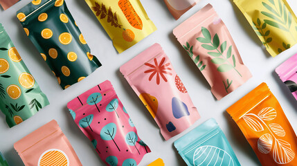 Colorful pouch packaging with vibrant fruit and botanical patterns