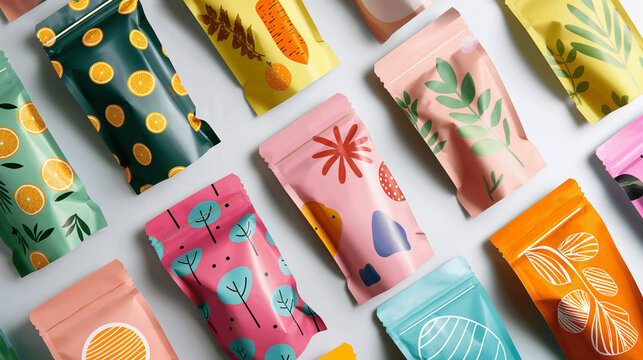 Colorful pouch packaging with vibrant fruit and botanical patterns