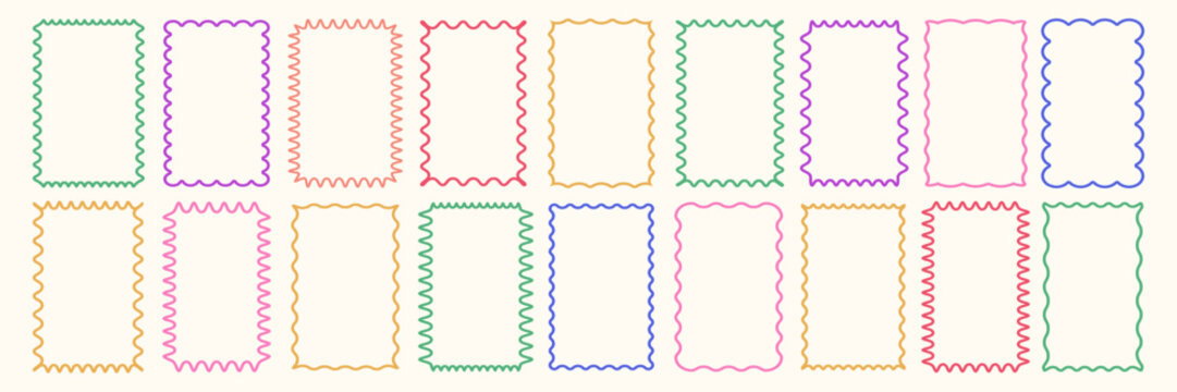 Cloudy wave curve edge frame vector set black color wavy scalloped doodle drawn style for decoration, funky zigzag