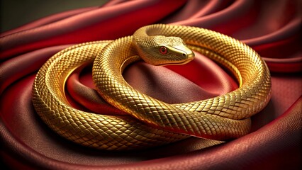 Fototapeta premium Luxurious golden snake entwined on rich red fabric – perfect for high-end branding or decorative art