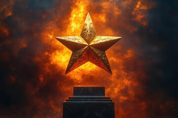 gleaming golden star trophy on sleek pedestal symbolizing achievement and excellence dramatic lighting accentuates metallic shine and sculptural form