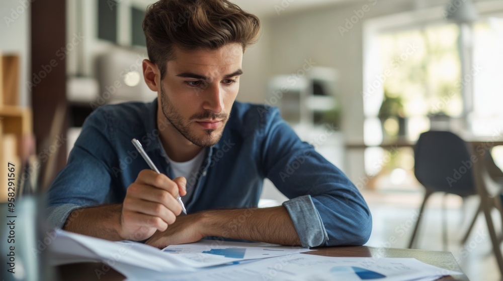 Poster a young businessman sitting at a desk with a notepad and pen, deep in thought while reviewing a busi