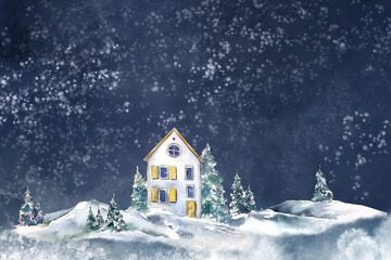 Fototapeta premium Winter Christmas illustration card yellow wooden roof cottage house illustration on dark night snowy background, countryside, outdoors I'm mountains