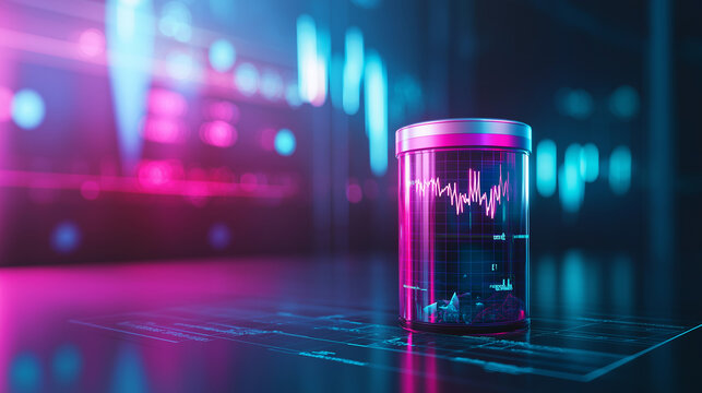 A glowing pill bottle with AI-driven health analytics charts displayed in the background, showcasing the synergy between AI and healthcare innovation.