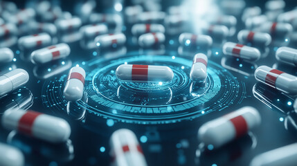 Pill bottles arranged in a circle with AI-powered health data visualization in the center, representing AI's central role in advancing treatment accuracy.