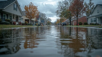 Fototapeta premium Flooded street in a residential neighborhood after heavy rain