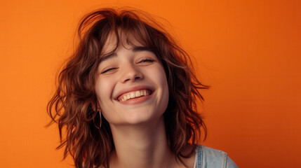 Naklejka premium A woman with curly hair smiles with her eyes closed on an orange background