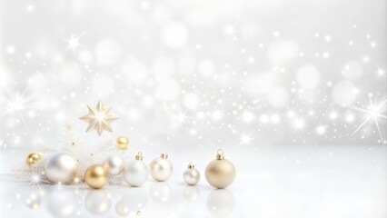 Elegant Christmas decorations with gold and silver ornaments on a sparkling snowy background