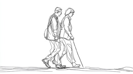 Obraz premium Elderly couple in continuous line art drawing style. Senior man and woman walking together holding hands. Minimalist black linear sketch isolated on white