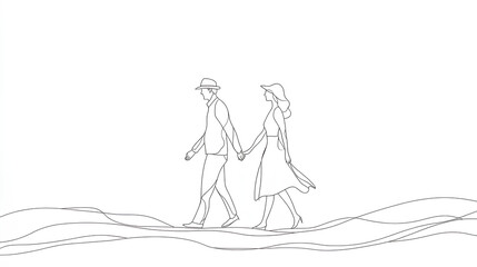 Elderly couple in continuous line art drawing style. Senior man and woman walking together holding hands. Minimalist black linear sketch isolated on white