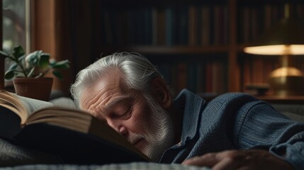 A mature man falls asleep while reading at home