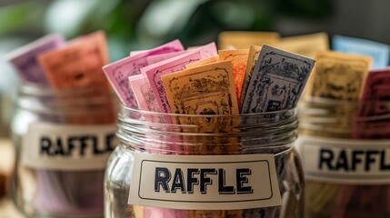 Vibrant Raffle Tickets in Transparent Jar with Copy Space for Fundraising Event Concepts
