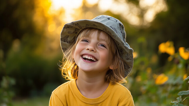 A child in a sunlit garden, wearing a playful hat and smiling joyfully, capturing the spirit of positivity and strength during their fight against cancer.
