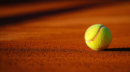 A close up of a tennis ball bouncing on a clay court with background.