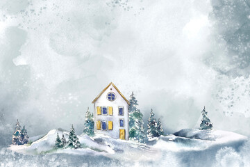 Naklejka premium Winter Christmas illustration card yellow wooden cottage house illustration on light snowy background, countryside, outdoors mountains.