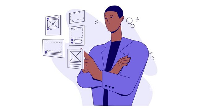 Social Media Marketing. Moving banner with thoughtful man coming up with creative ideas for content. Internet promotion, advertising and attracting new audiences. Cartoon flat animated graphics