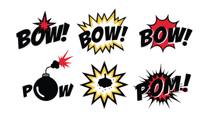 Hand-drawn cartoon comic book explosion elements with bomb and sound effects for graphic design.