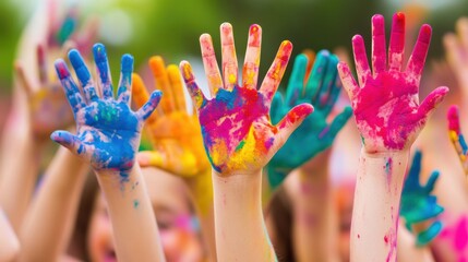 A group of people with their hands painted in bright colors, AI