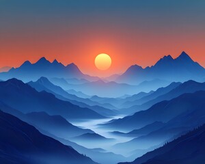 Obraz premium Blue Mountain Sunset Illustration