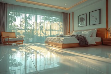Fototapeta premium Modern Bedroom with Large Window and Sunlight Streaming In
