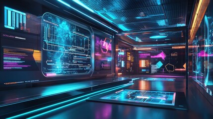 Obraz premium Futuristic Neon Lit Cityscape with High Tech Digital Interface