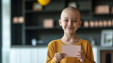 A child without hair, holding a handmade card with a smile, showcasing the encouragement and support they receive from loved ones during treatment.