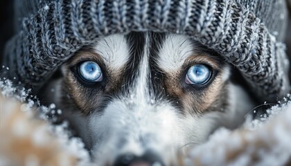 Husky Wearing Winter Beanie Close-Up Portrait of Dog with Blue Eyes and Winter Hat Isolated