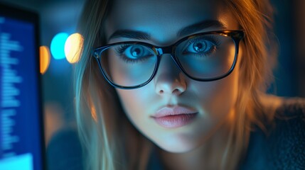 Young woman focused on coding at night, illuminated by computer screen in a dimly lit workspace