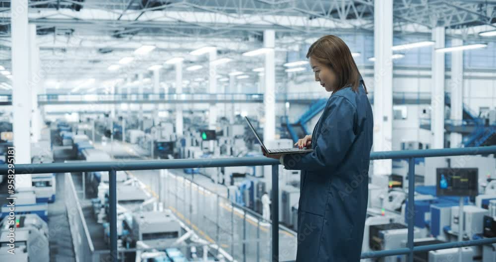 Poster Thoughtful Asian Engineer Monitoring and Analyzing Conditions at a Pristine Modern Electronics Factory with Automated Robot Hands Working with the Help of Artificial Intelligence Software