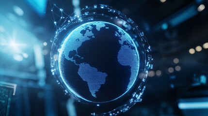 Obraz premium A blue and silver globe, intricately rendered, is suspended on a sleek white background, encircled by glowing chains of data blocks that represent the interconnectedness of the dig
