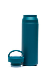 Close-up of blue reusable steel stainless eco thermo water bottle with opened cap isolated on a white background with clipping path. Zero waste, Plastic disposable bottles. Environment concept.