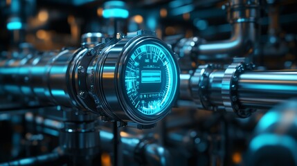 Fototapeta premium Futuristic water meter connected to sleek metallic pipes in an industrial setting, illuminated by blue holographic light, high-tech aesthetic, digital illustration, dark ambiance.